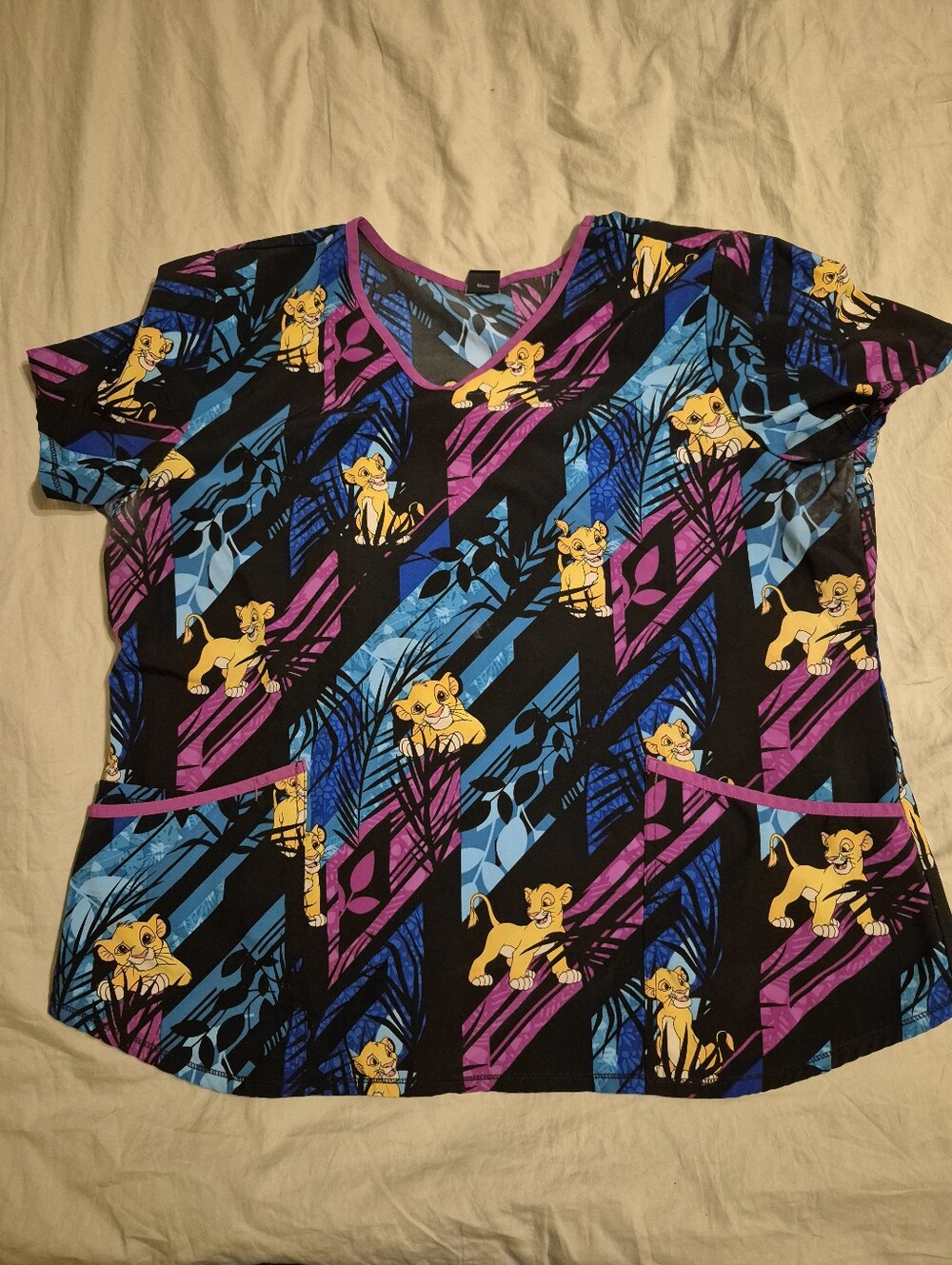 XL Lion King Printed Scrub Top in Black, Blue & Purple